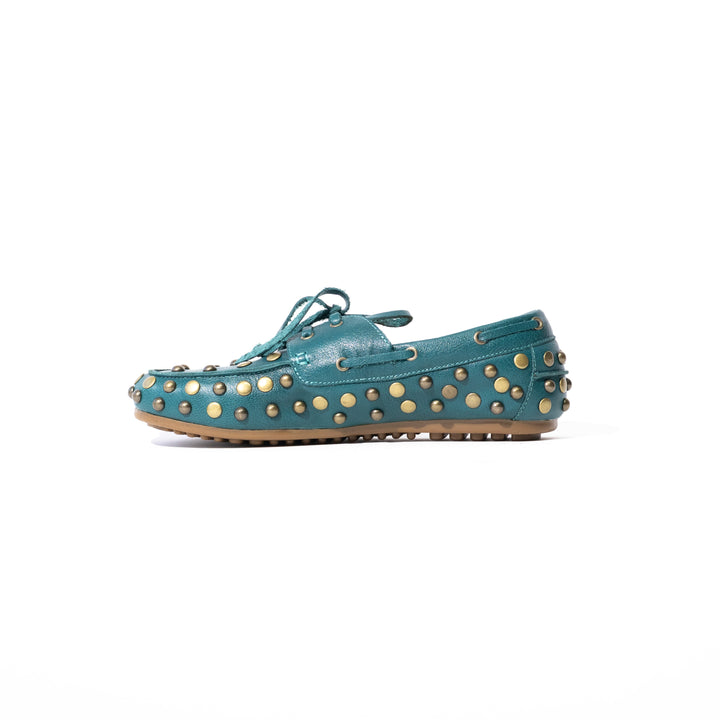 MOCASÍN MUJER DE CUERO RENO VERDE ESMERALDA